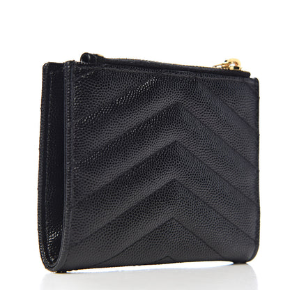 Saint Laurent Grain De Poudre Matelasse Chevron Monogram Zipped Card Case Black 3 of 8