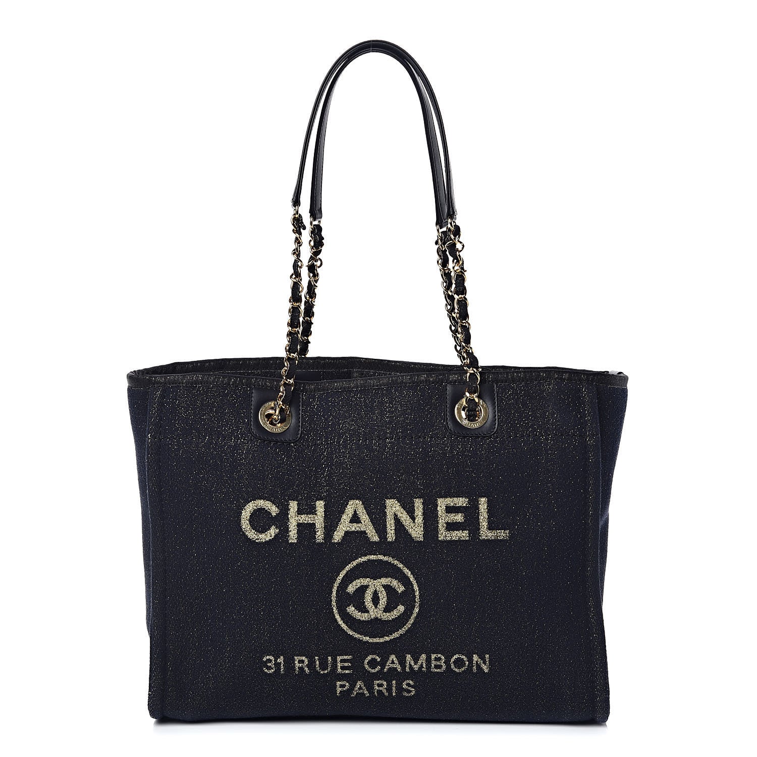 Chanel Lurex Canvas Small Deauville Tote Navy Blue Gold 1 of 9