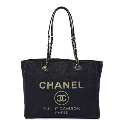 Chanel Lurex Canvas Small Deauville Tote Navy Blue Gold 1 of 9