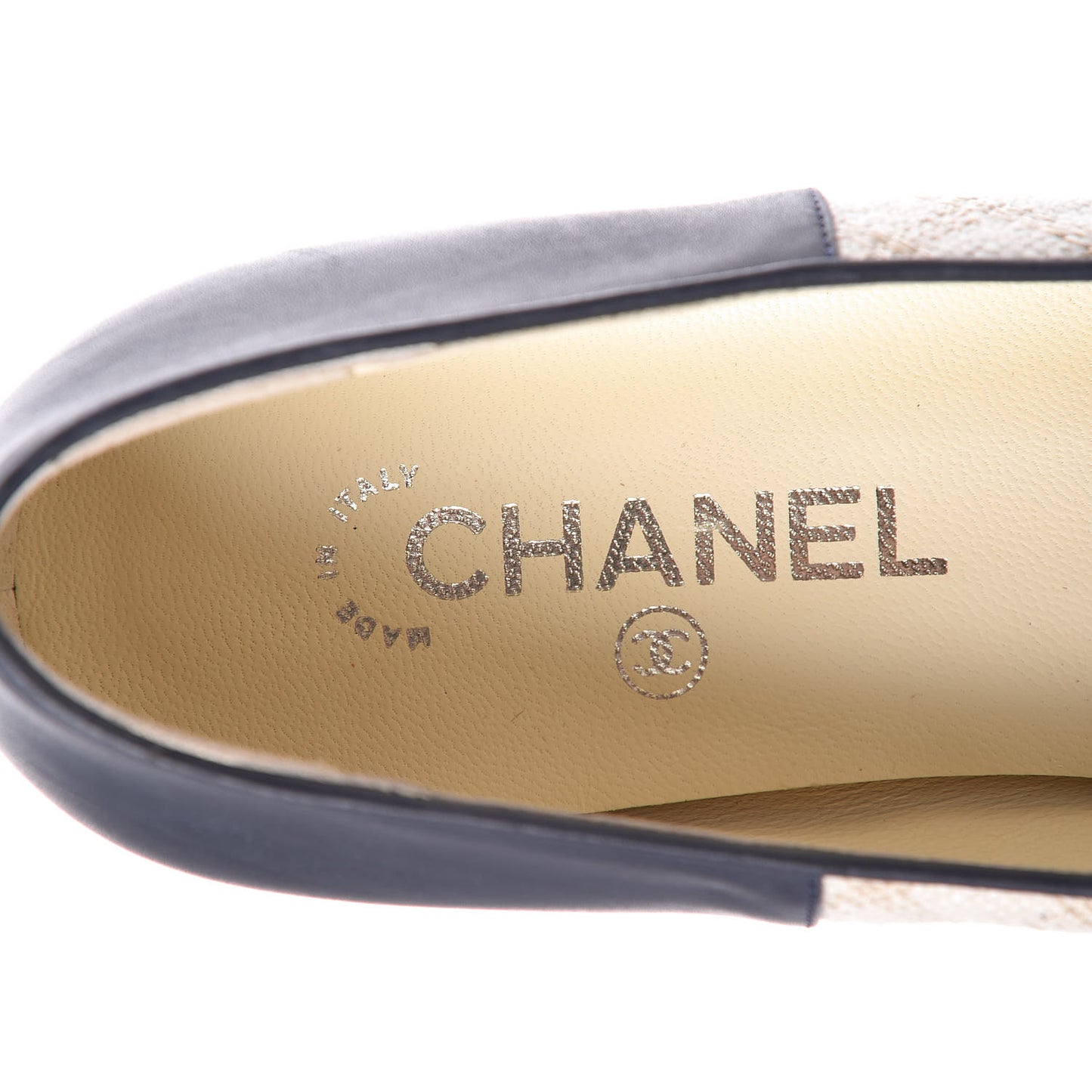 Toile Oily Calfskin CC Cap Toe Ballerina Flats 38 Light Beige Navy
