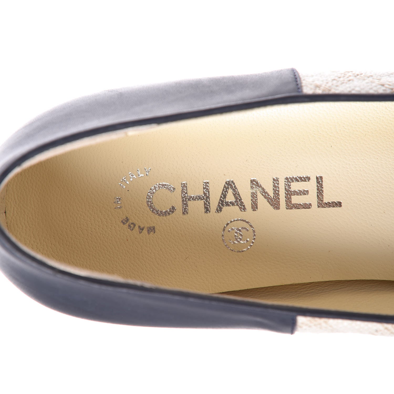 Chanel Toile Oily Calfskin CC Cap Toe Ballerina Flats 38 Light Beige Navy 6 of 9