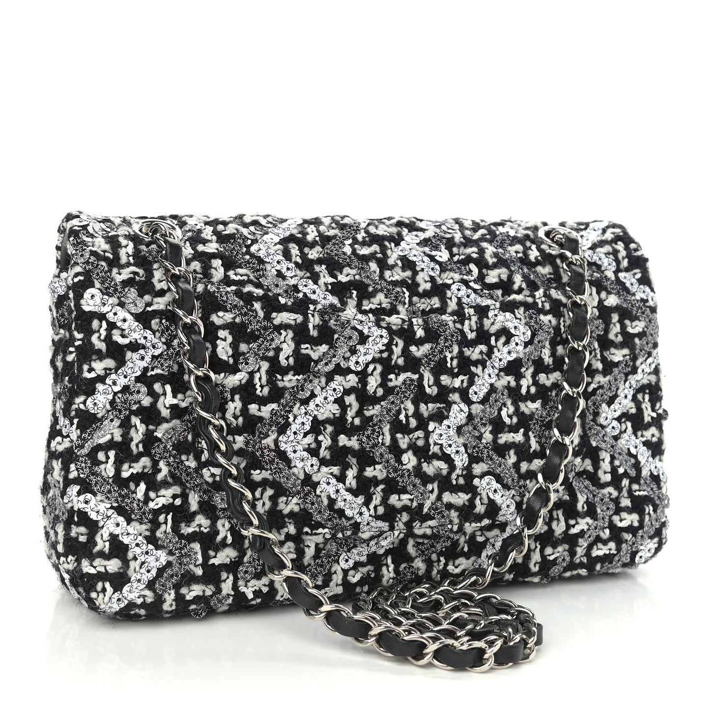 Tweed Sequin Quilted Medium Double Flap Black White