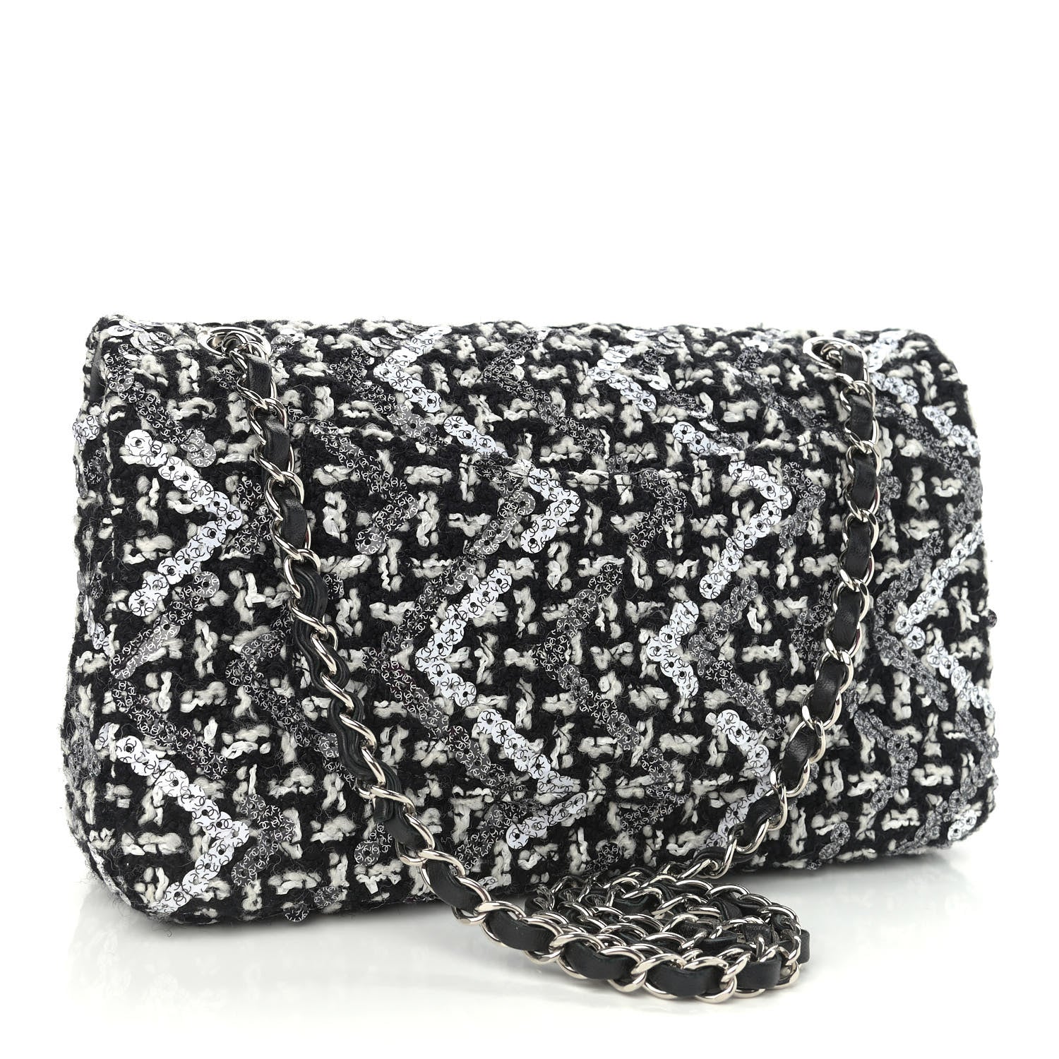 Chanel Tweed Sequin Quilted Medium Double Flap Black White 3 of 11