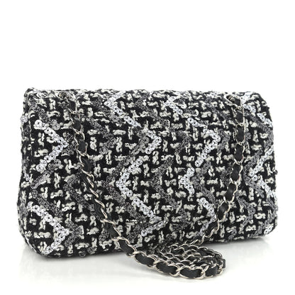 Chanel Tweed Sequin Quilted Medium Double Flap Black White 3 of 11