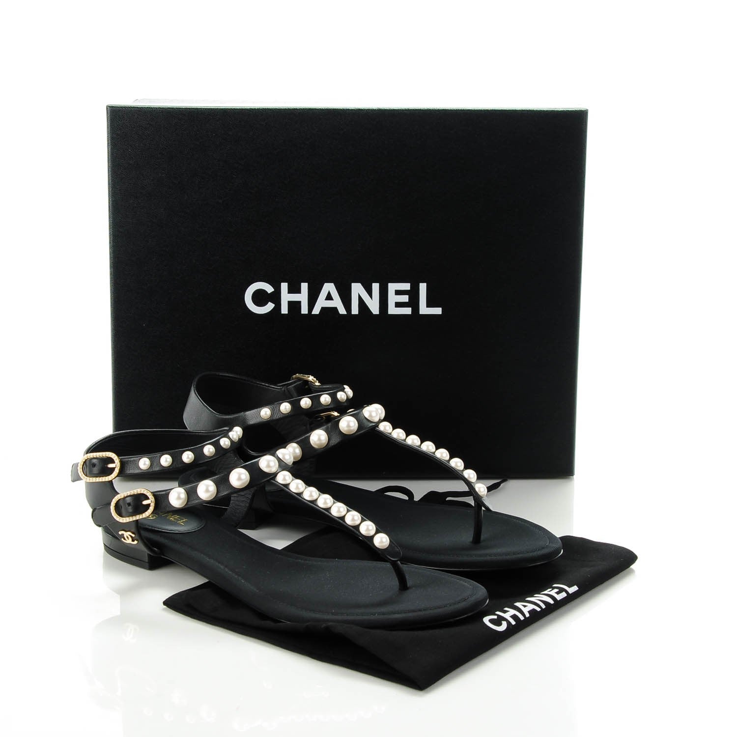 Chanel Lambskin Pearl Thong Sandals 37 Black 7 of 7