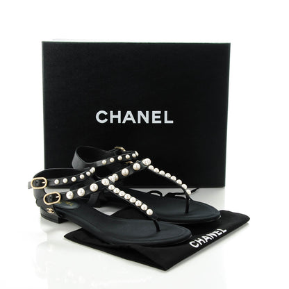 Chanel Lambskin Pearl Thong Sandals 37 Black 7 of 7