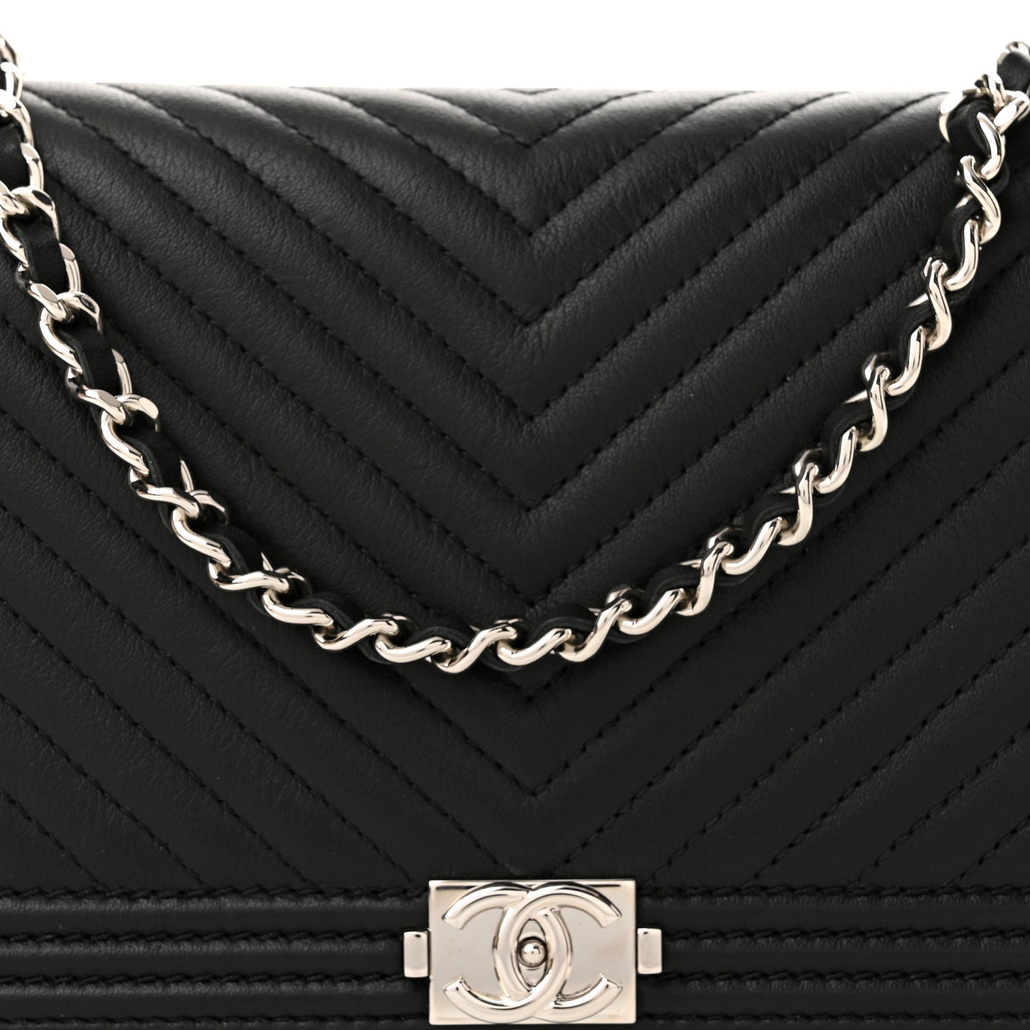 Calfskin Chevron Quilted Boy Wallet On Removable Chain WOC Black