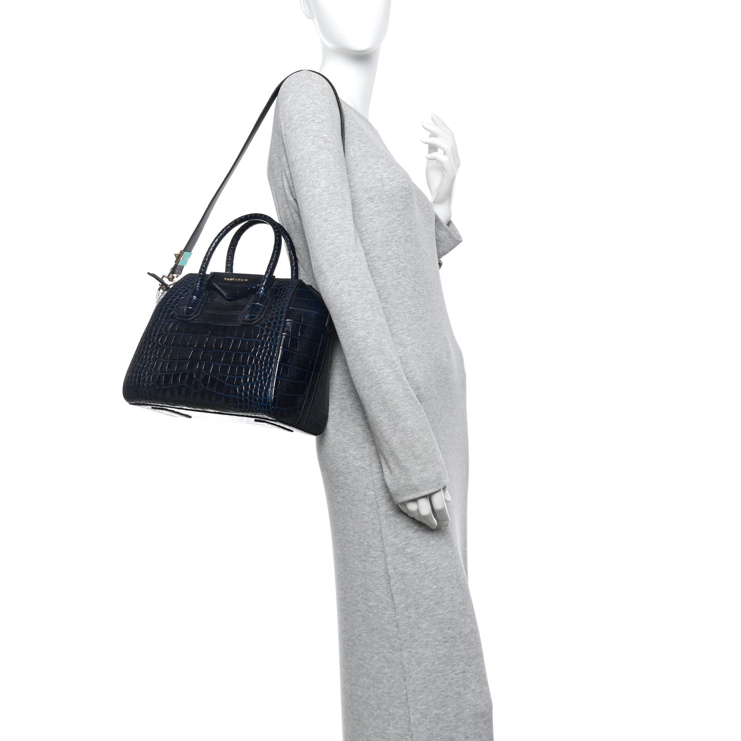 Calfskin Crocodile Embossed Small Antigona Navy