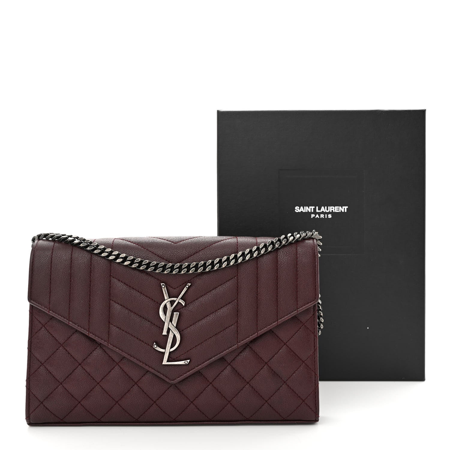 Saint Laurent Sheepskin Tri-Quilt Monogram Envelope Chain Wallet Burgundy 12 of 12