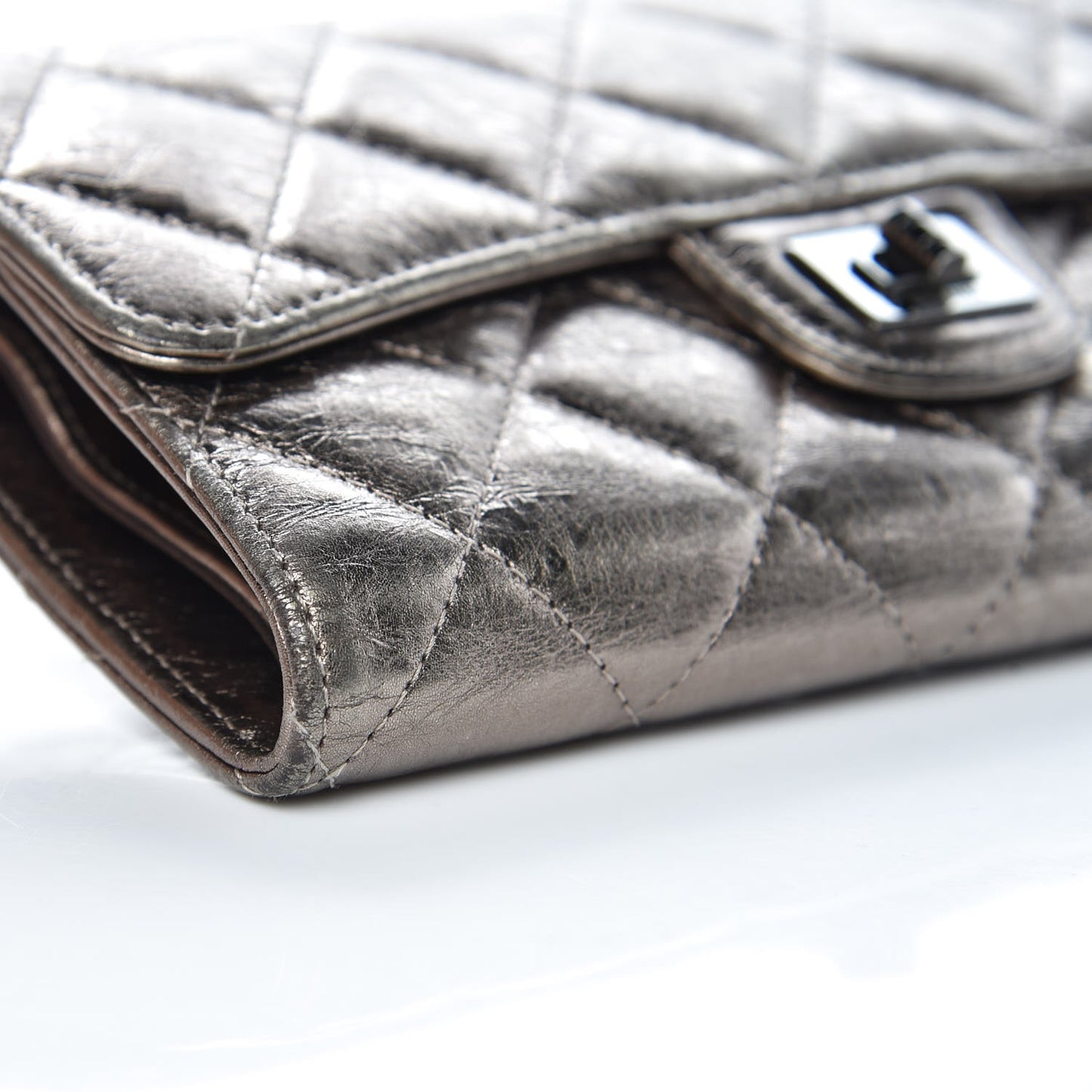Metallic Aged Calfskin Quilted Reissue Long Flap Wallet Silver