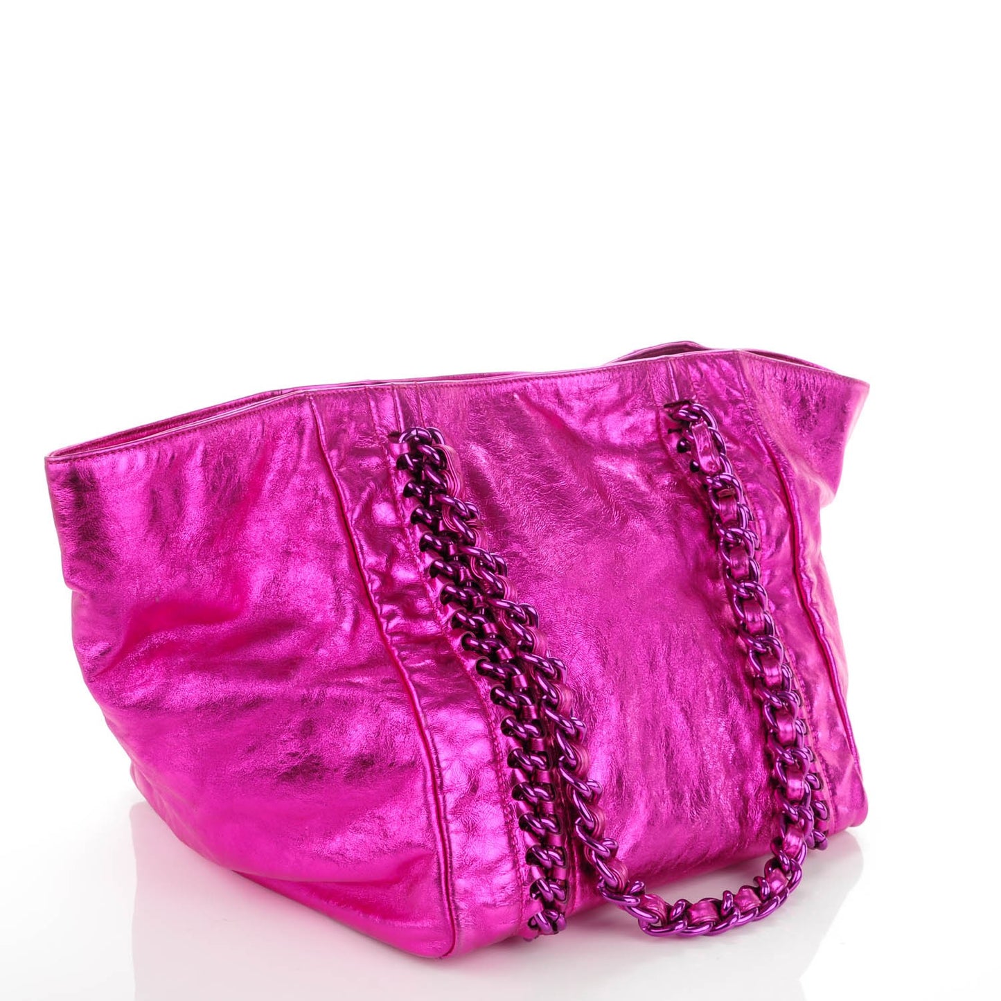 Metallic Cracked Calfskin Modern Chain Tote Fuchsia