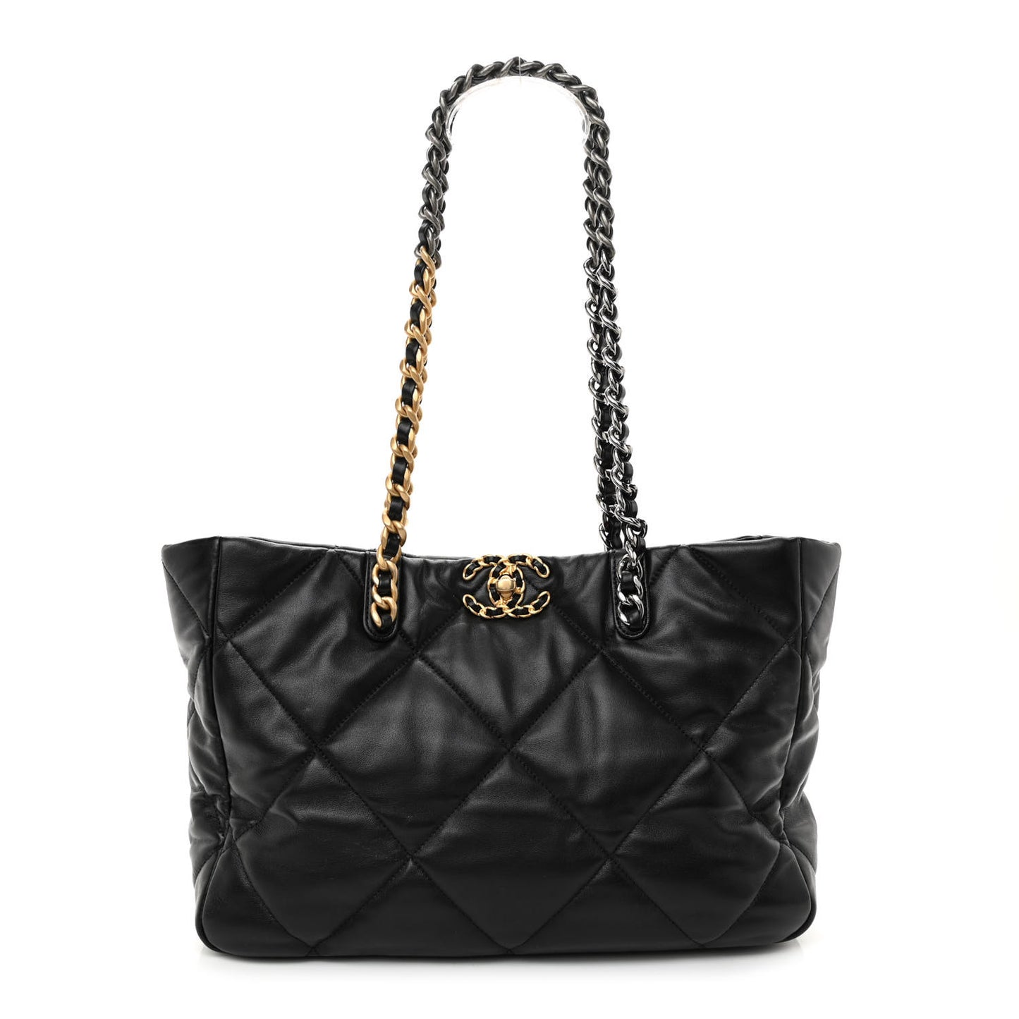 Lambskin Quilted Chanel 19 East West Shopping Bag Black