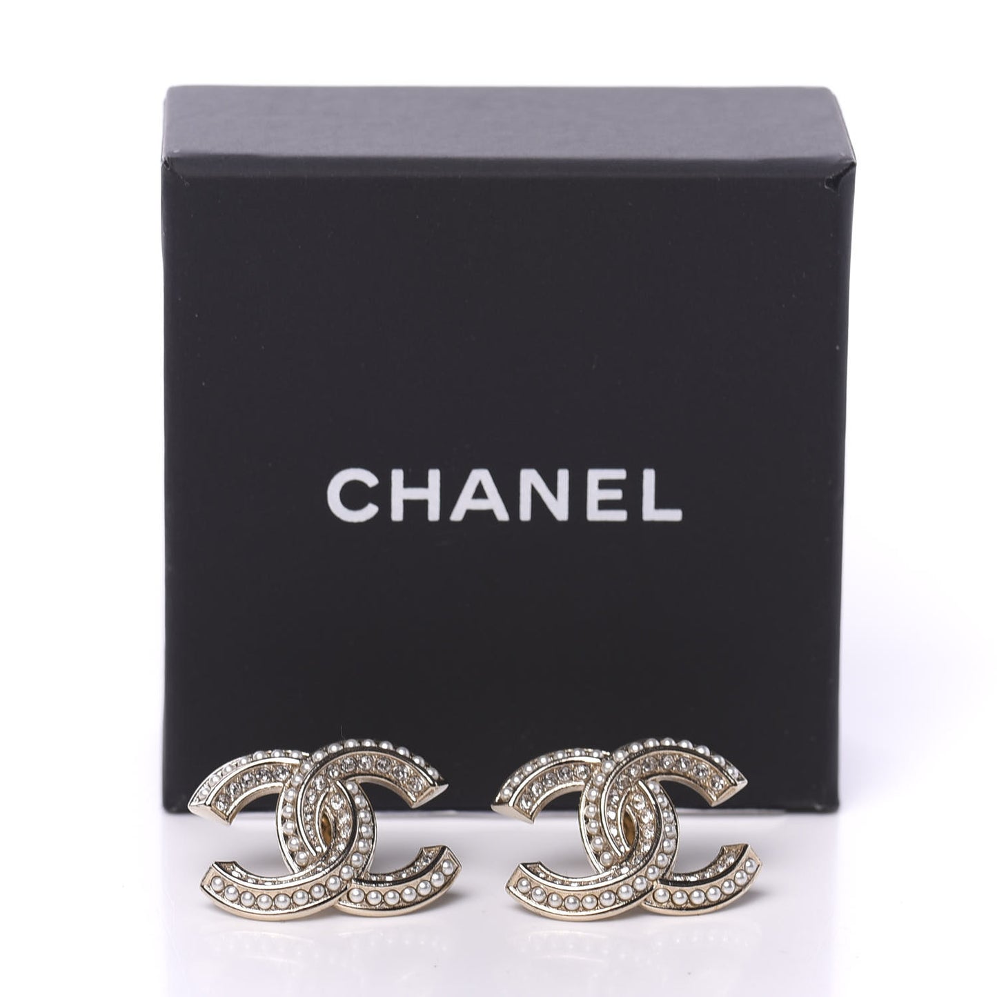 Crystal Pearl Chain Mania CC Earrings Gold