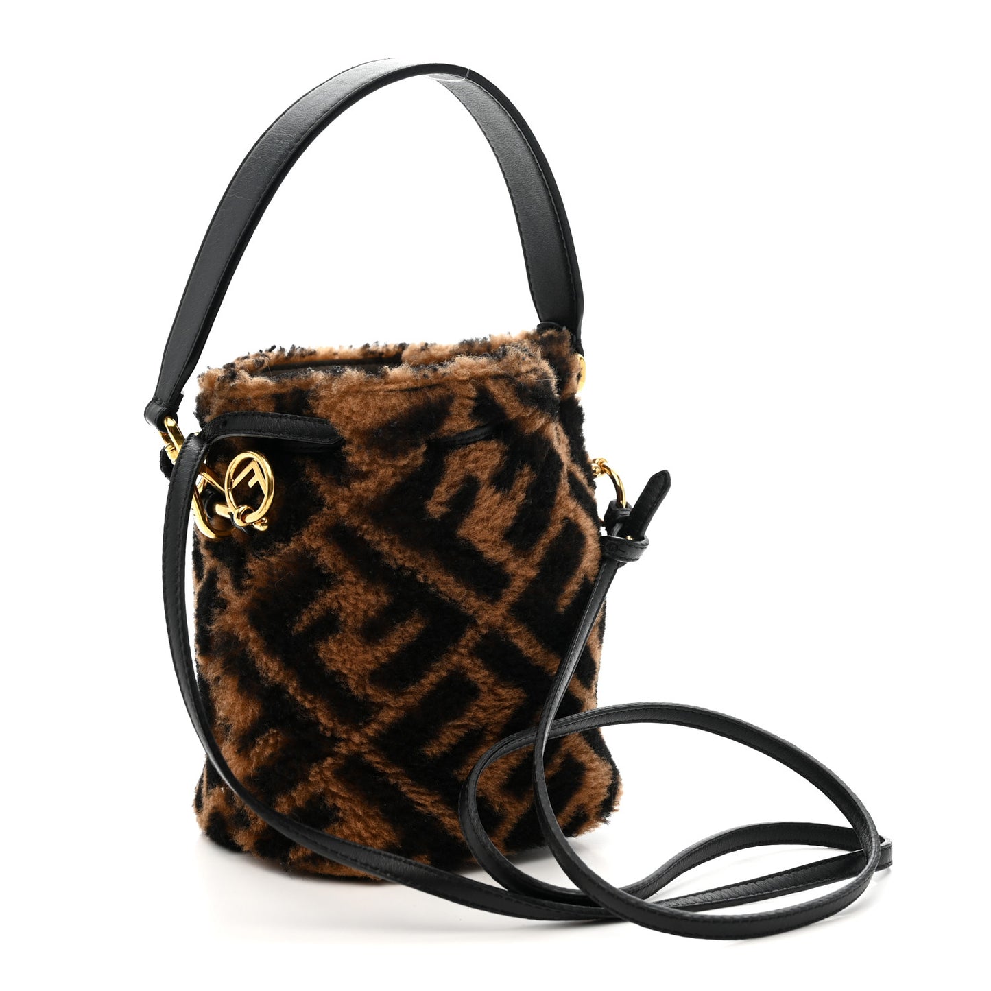 Shearling Vitello Dolce F is Fendi Macro FF 1974 Mini Mon Tresor Bucket Bag Tobacco Black