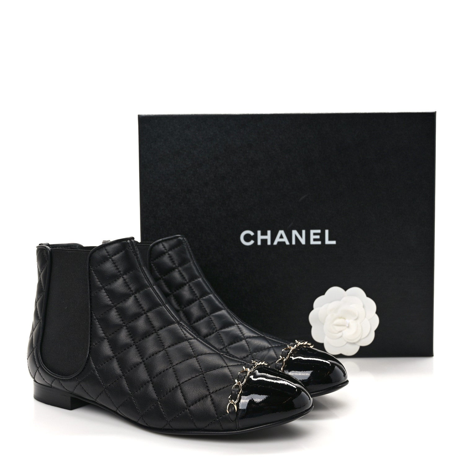Chanel Lambskin Patent Chain Cap Toe Quilted Short Boots 38.5 Black 2 of 9