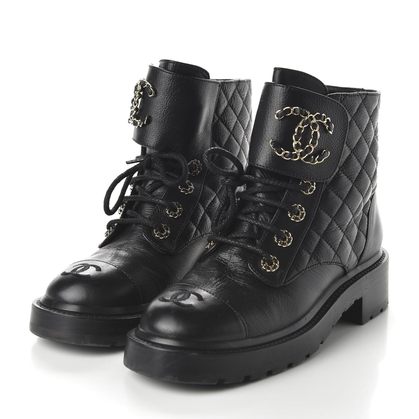 Shiny Goatskin Calfskin Quilted Lace Up Combat Boots 38 Black