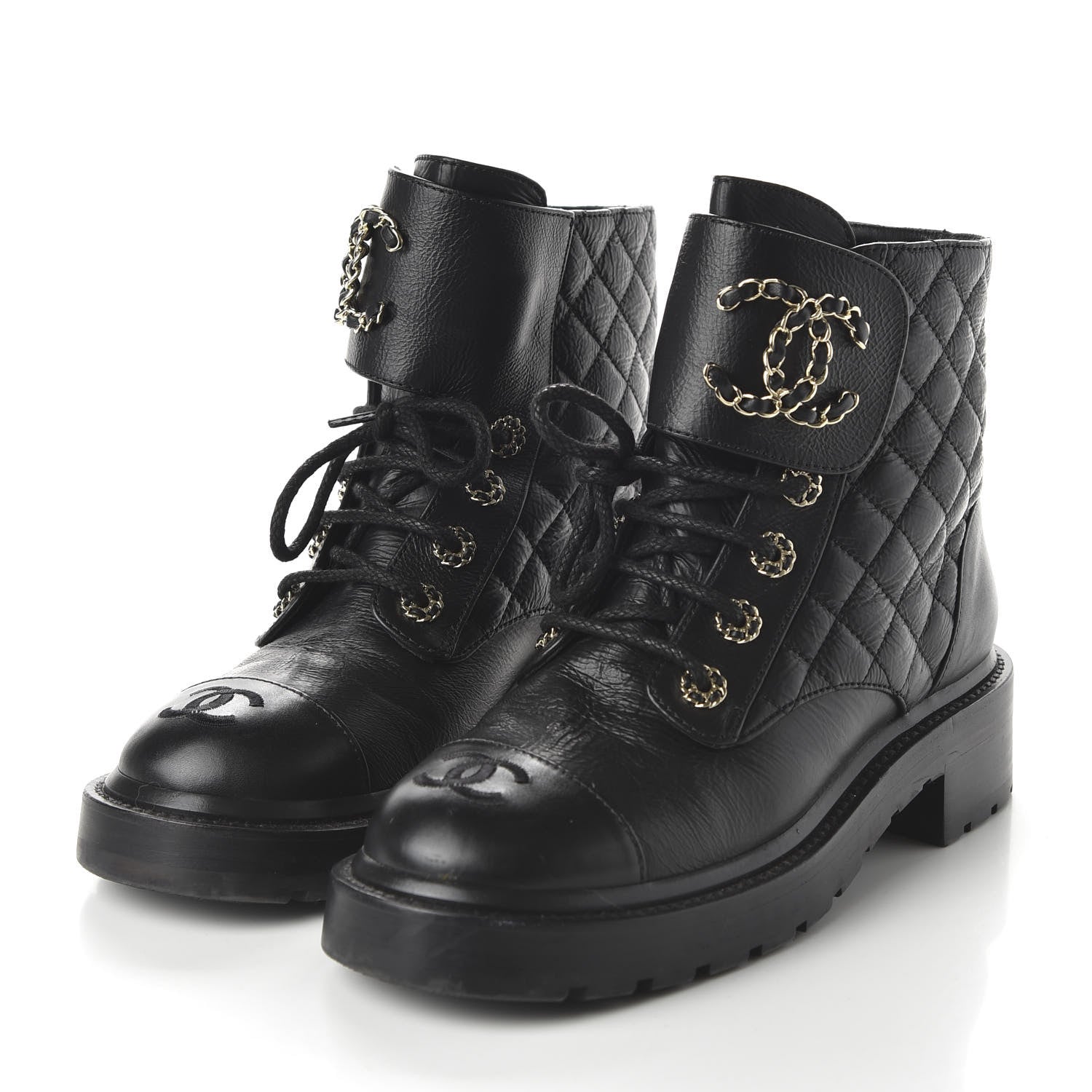 Chanel Shiny Goatskin Calfskin Quilted Lace Up Combat Boots 38 Black 3 of 9