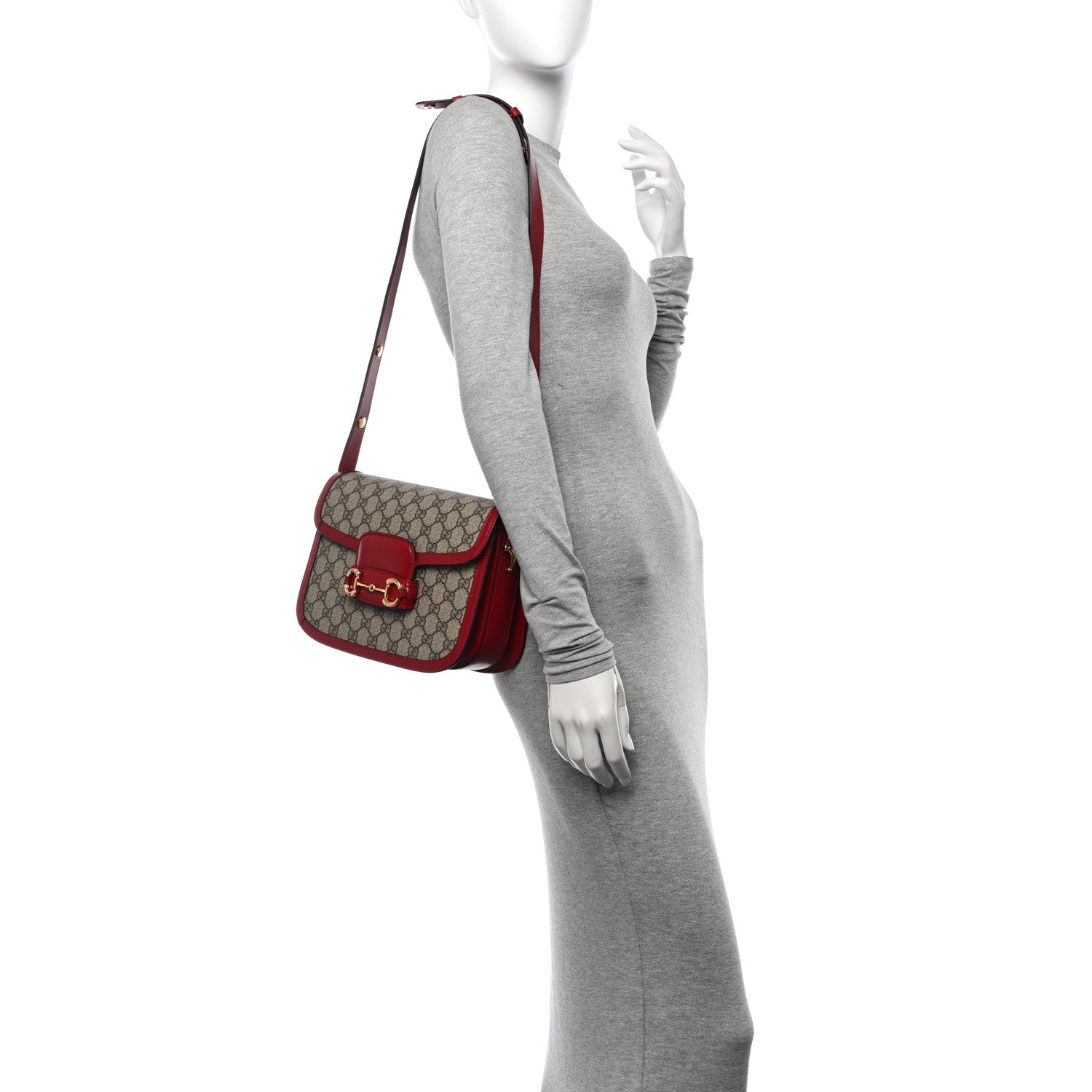 Gucci GG Supreme Monogram Azalea Calfskin Horsebit 1955 Shoulder Bag Beige Ebony New Cherry Red 2 of 10