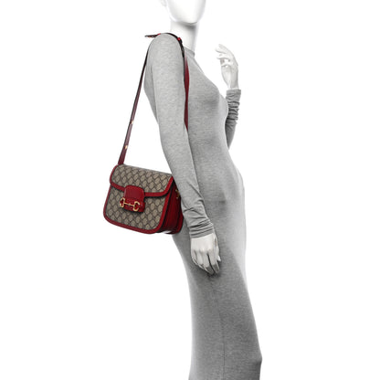 Gucci GG Supreme Monogram Azalea Calfskin Horsebit 1955 Shoulder Bag Beige Ebony New Cherry Red 2 of 10
