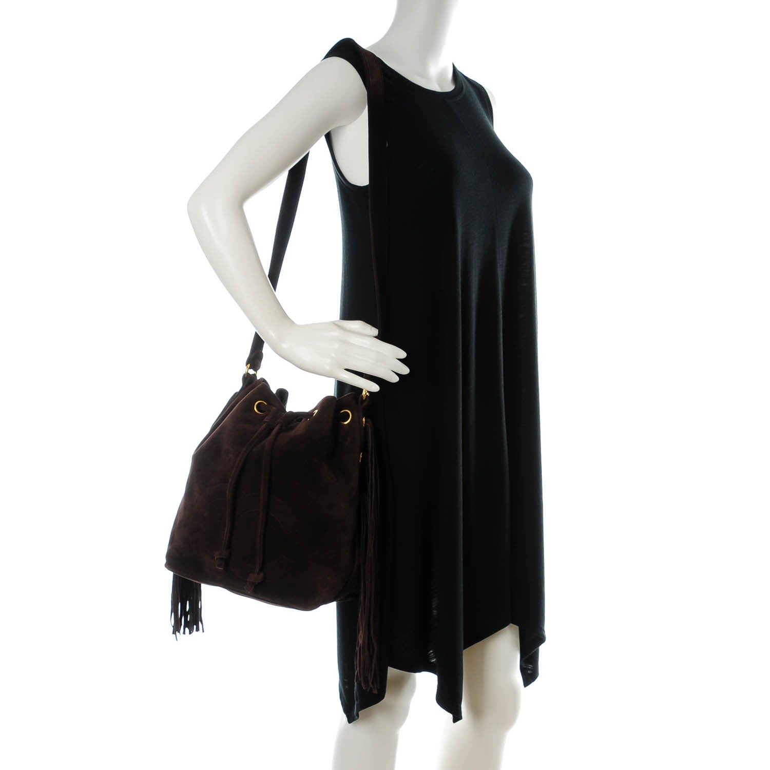 Chanel Suede CC Drawstring Shoulder Bag Dark Brown 2 of 10
