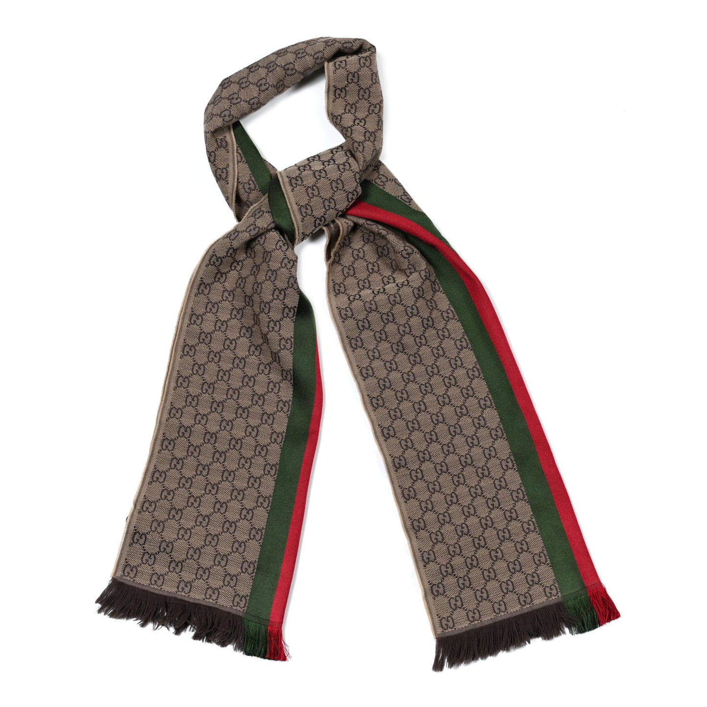 Wool Silk GG Monogram Web Verbier Fringe Scarf Light Brown Dark Green
