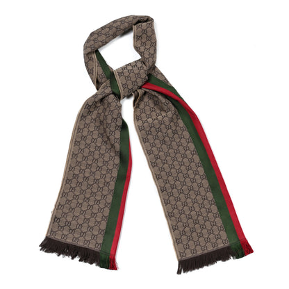 Gucci Wool Silk GG Monogram Web Verbier Fringe Scarf Light Brown Dark Green 1 of 5