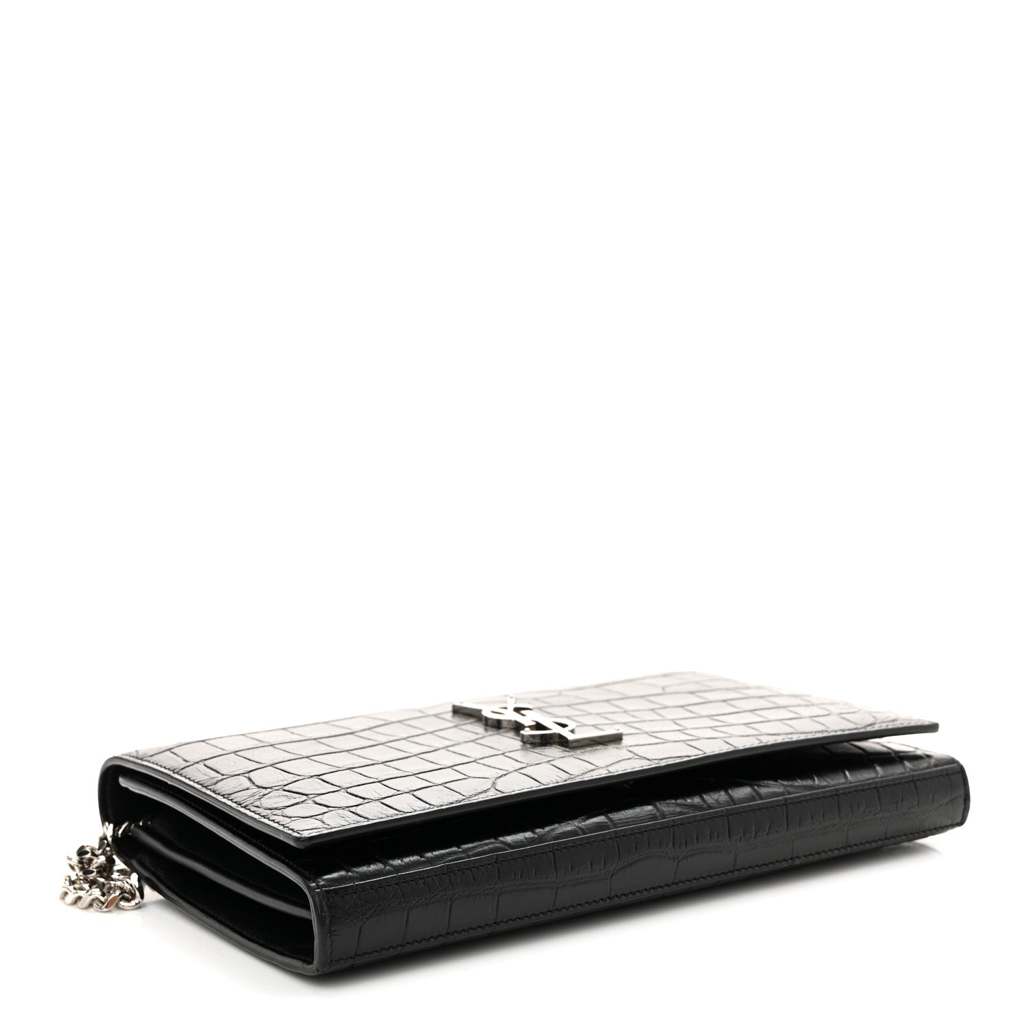 Saint Laurent Calfskin Crocodile Embossed Cassandre Wallet On Chain WOC Black 4 of 10