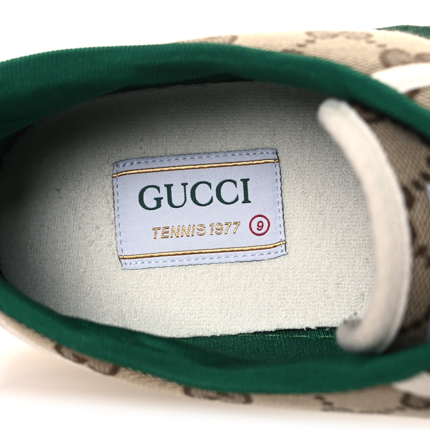 Gucci GG Monogram Web Mens 1977 Tennis Sneakers 9 Beige Ebony Mystic White Vert 9 of 11