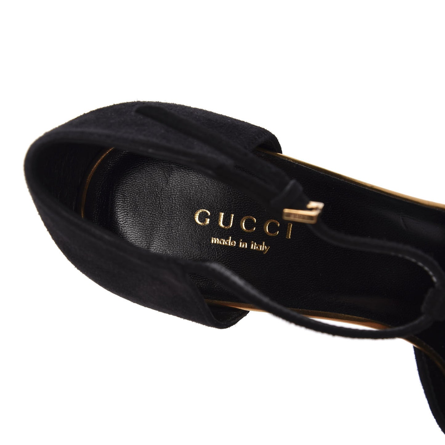 Suede Metallic Cap Toe T-Strap Coline Pumps 38.5 Black Gold