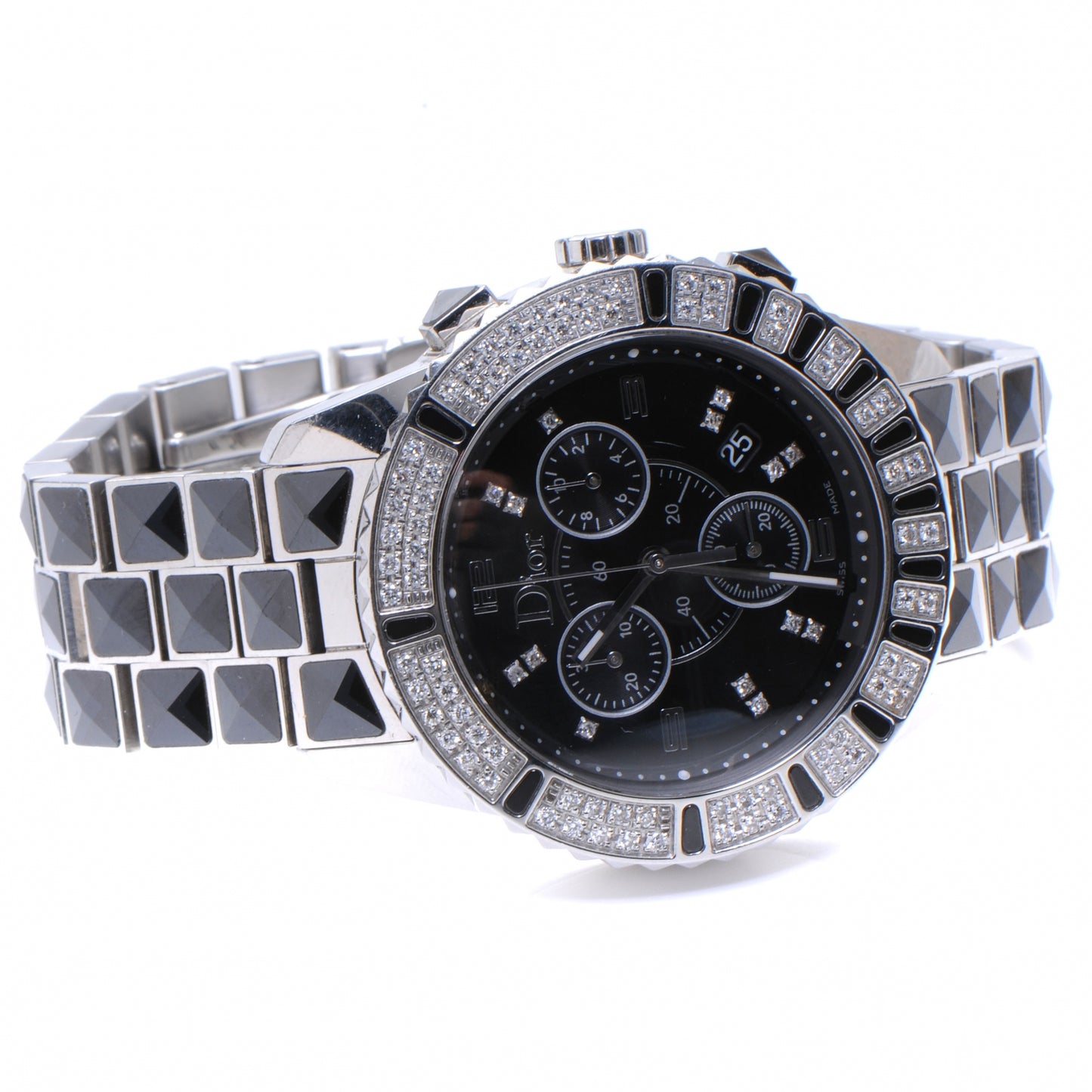 Stainless Steel Diamond Sapphire 33mm Christal Chronograph Quartz Watch Black