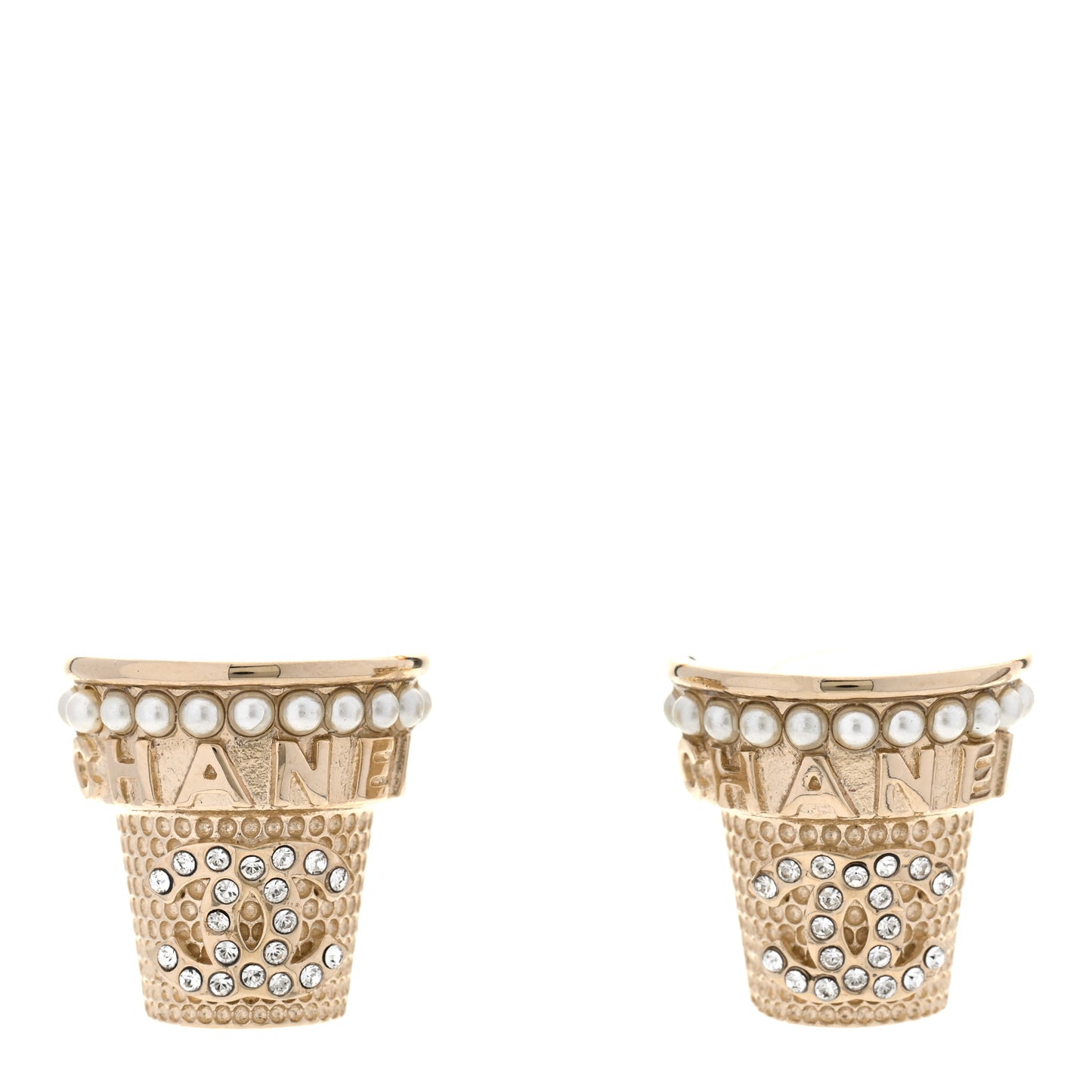 Pearl Crystal CC Ice Cream Cone Earrings Gold