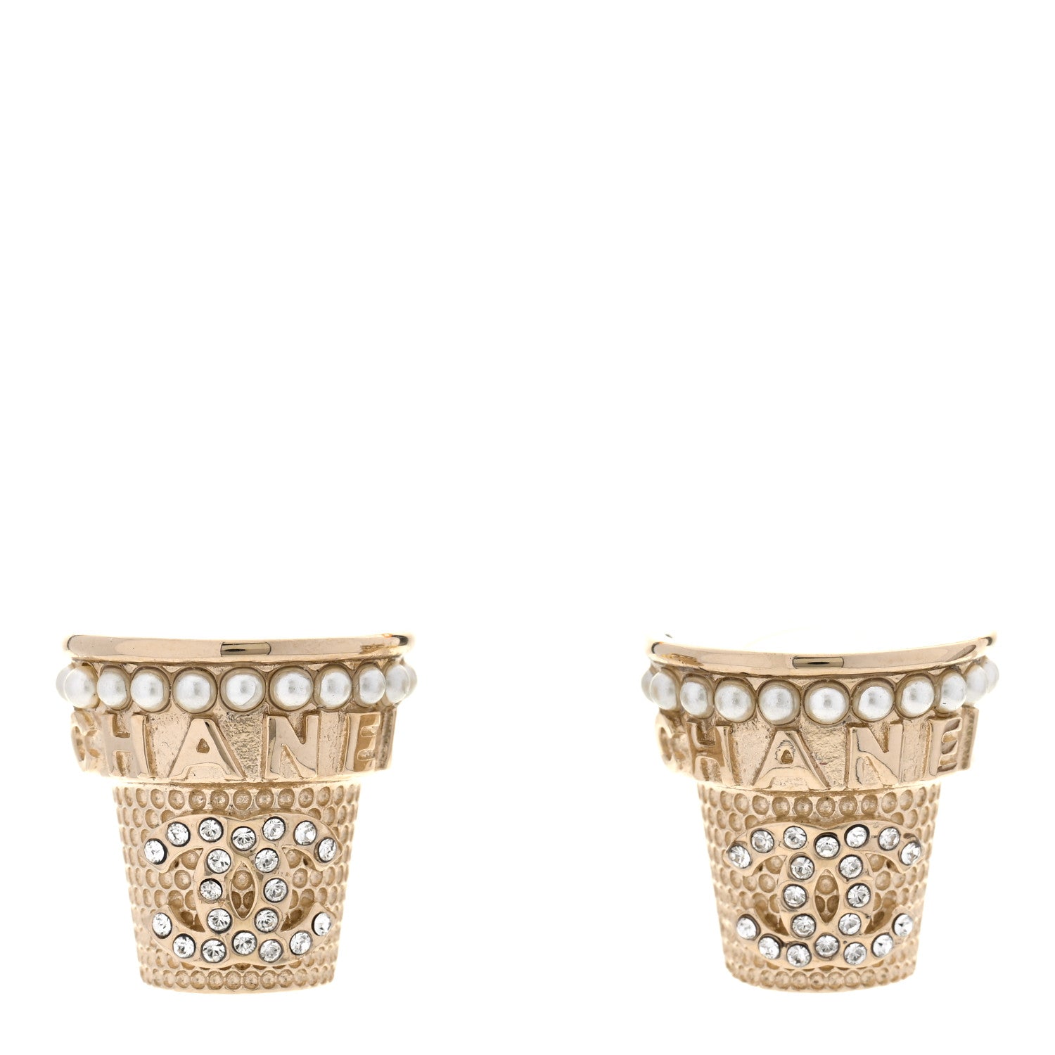 Chanel Pearl Crystal CC Ice Cream Cone Earrings Gold 1 of 5