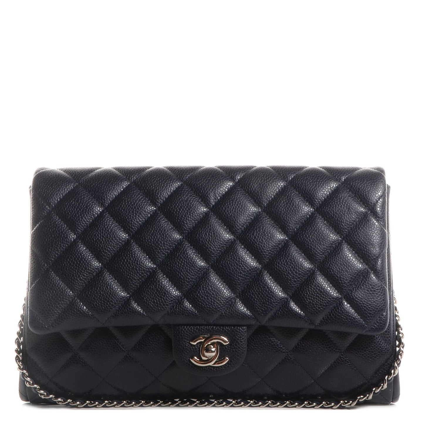 Caviar Clutch with Chain Flap Navy Blue