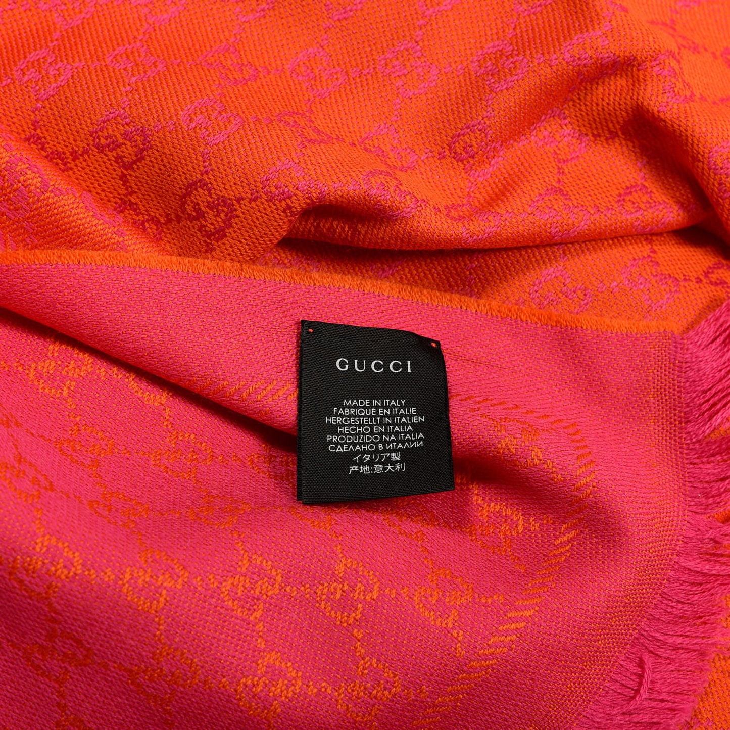 Wool GG Monogram Reversible New Sten Fringe Scarf Orange Pink