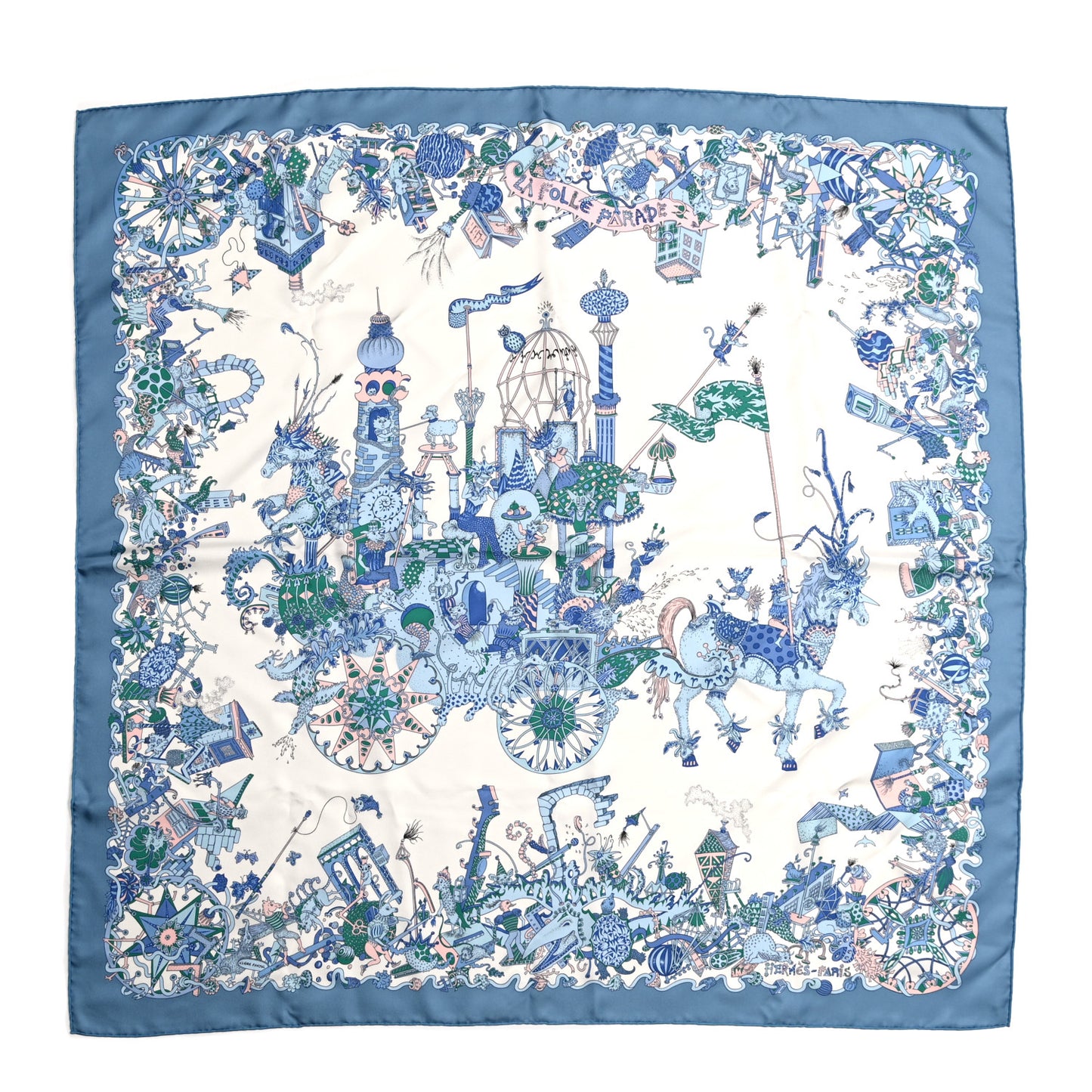 Silk La Folle Parade Scarf 90 Bleu Jean White Rose