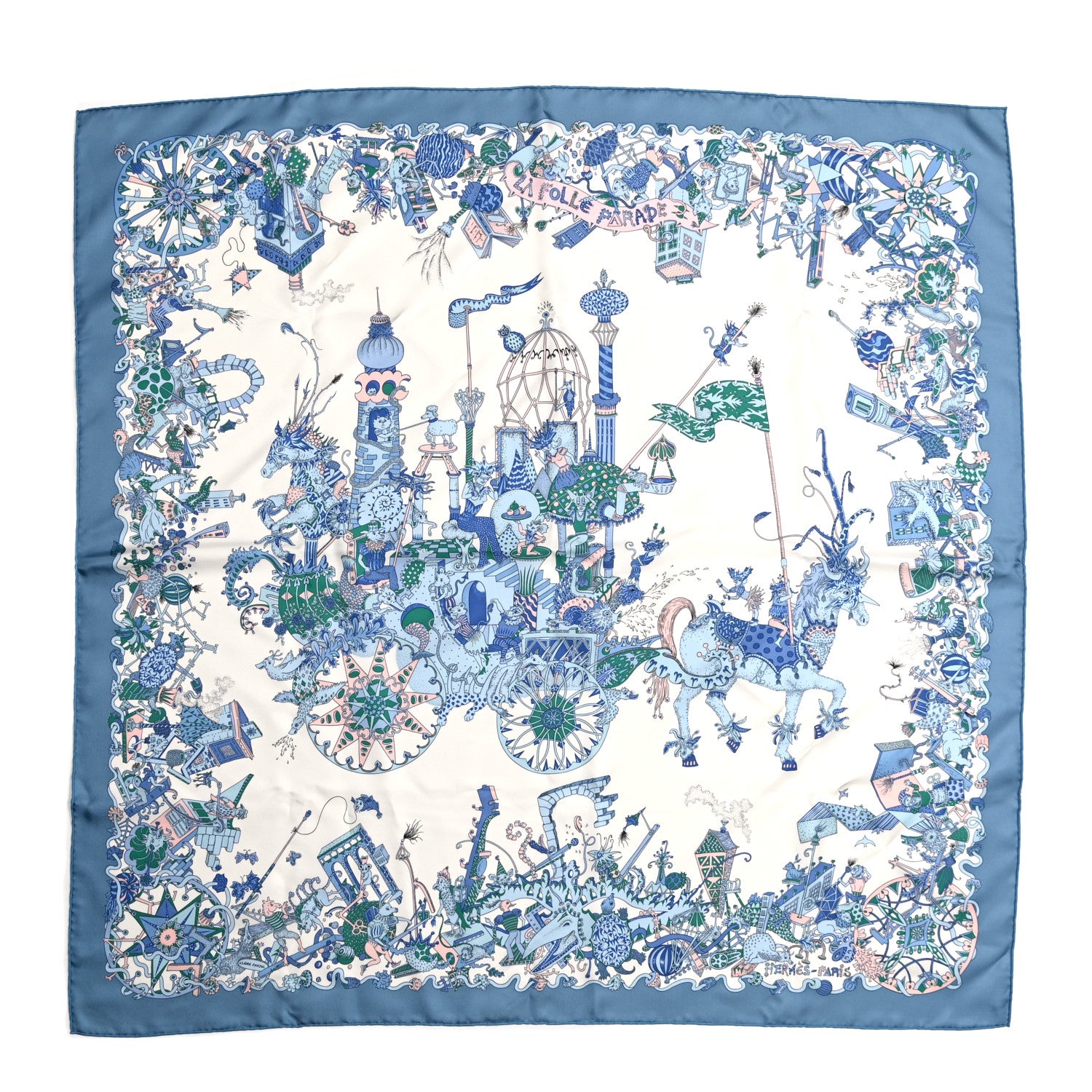 Hermes Silk La Folle Parade Scarf 90 Bleu Jean White Rose 1 of 6