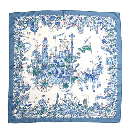Hermes Silk La Folle Parade Scarf 90 Bleu Jean White Rose 1 of 6