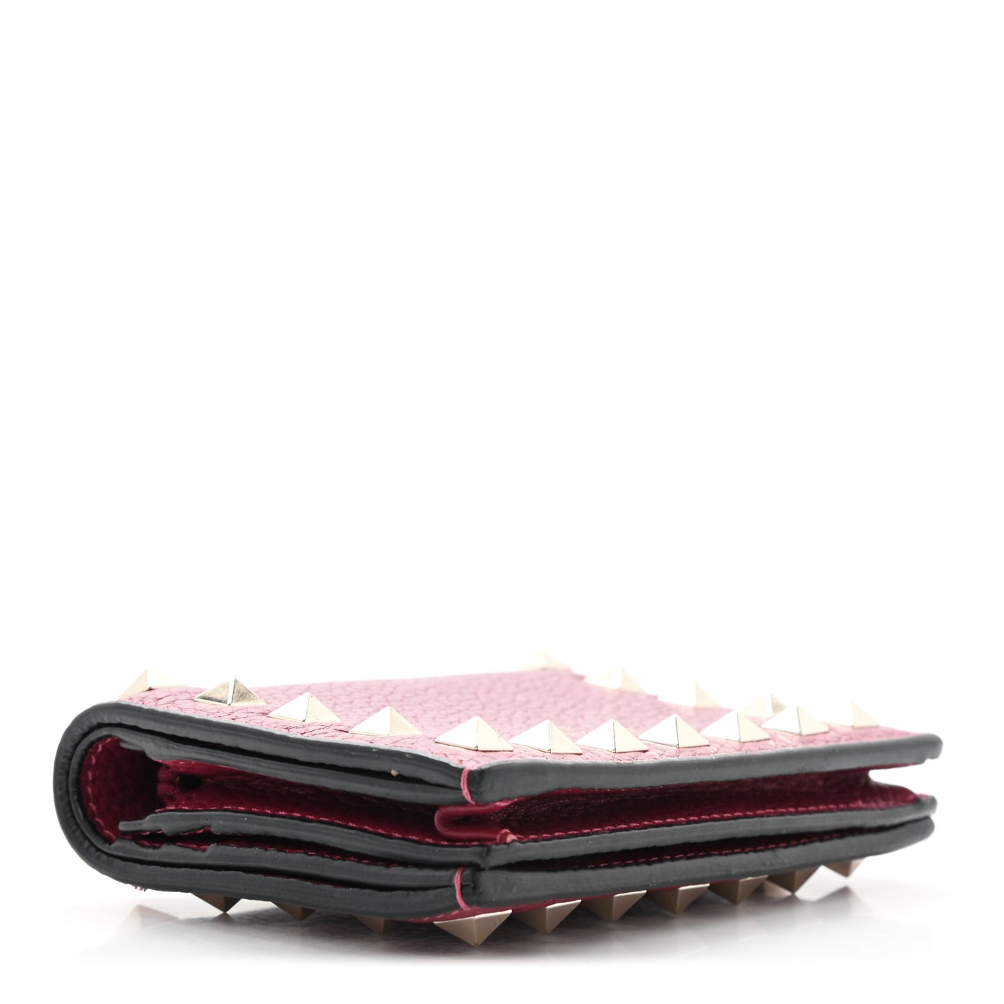 Pebbled Calfskin Rockstud Bi-Fold Card Holder Raspberry