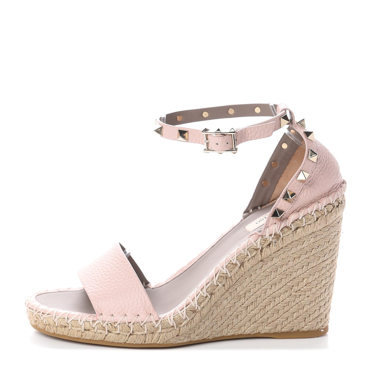Valentino Garavani Grained Calfskin Rockstud Ankle Strap Espadrille 15/105mm Wedge Sandals 39 Rose Quartz Natural 1 of 6