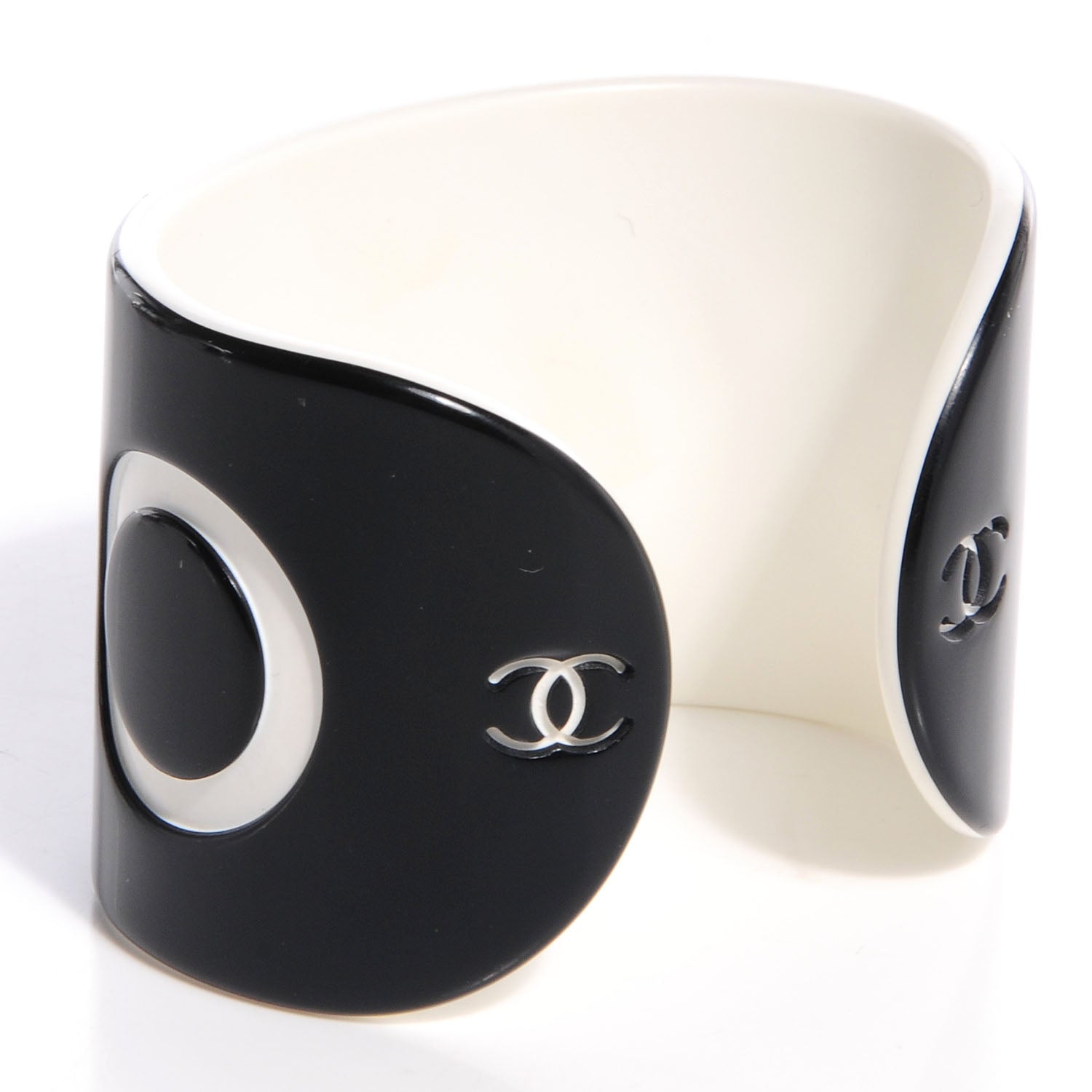 Chanel Resin Coco Wide Cuff Black White 3 of 5