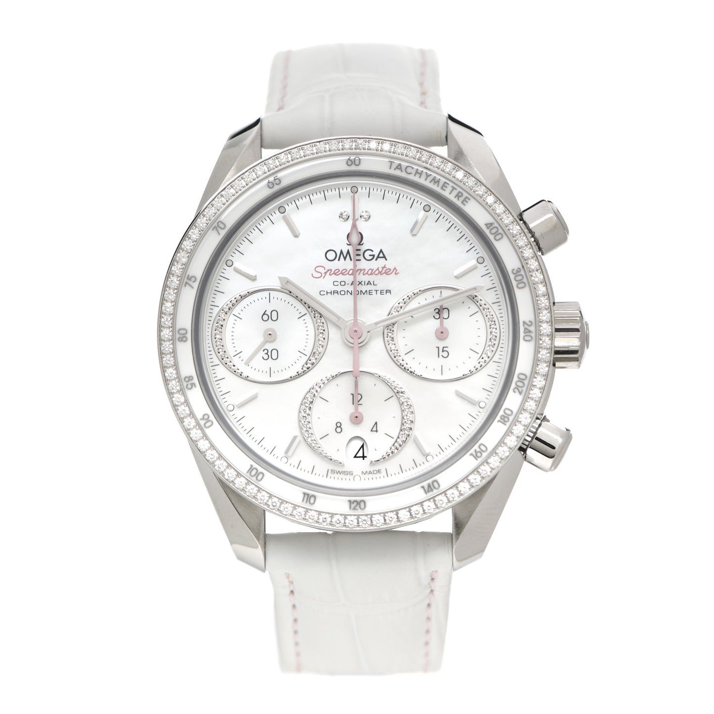 Stainless Steel Alligator Diamond Bezel Mother of Pearl 38mm Speedmaster Chronograph Automatic Watch White 324.38.38.50.55.001