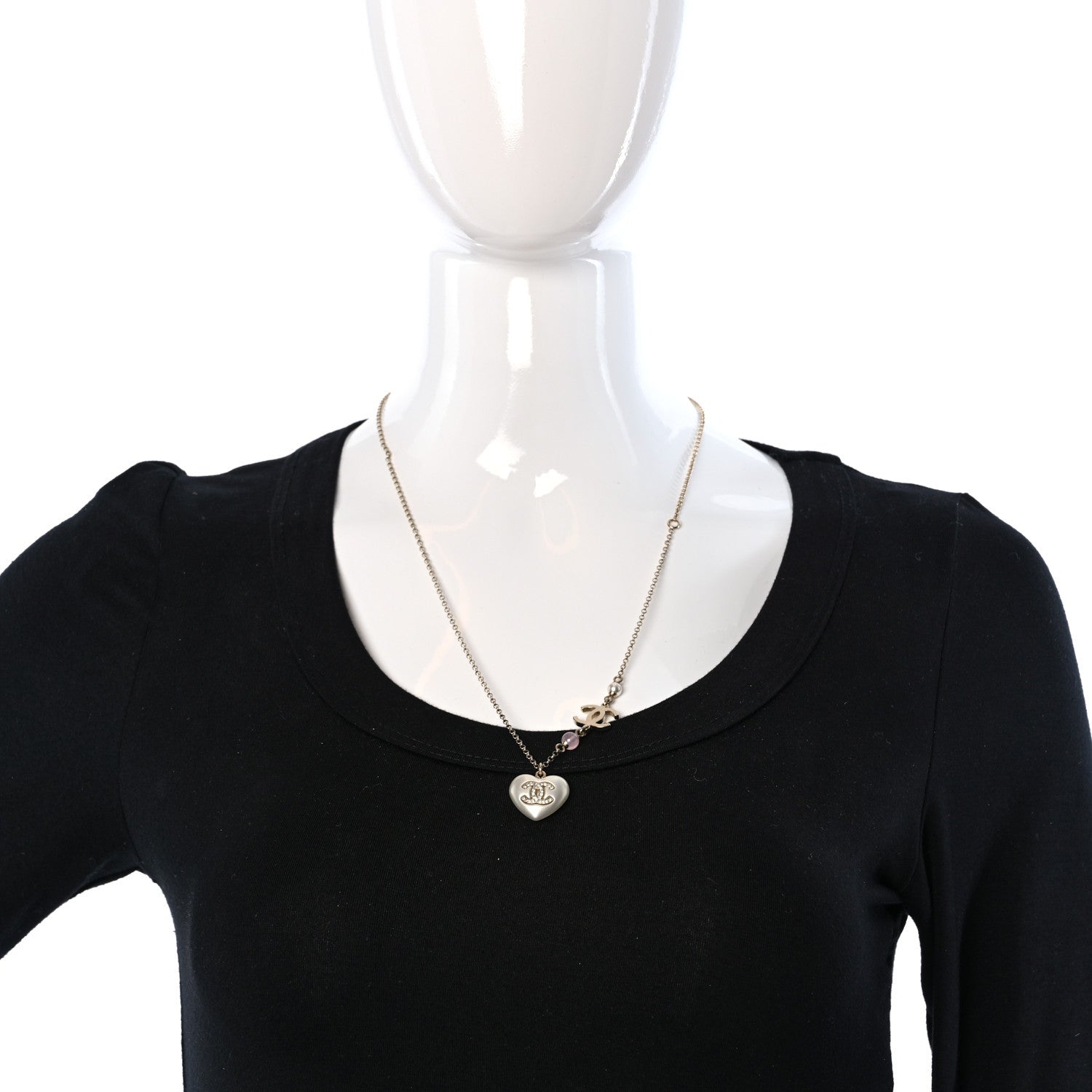 Chanel Resin Crystal CC Heart Necklace Pearly White Gold 2 of 5