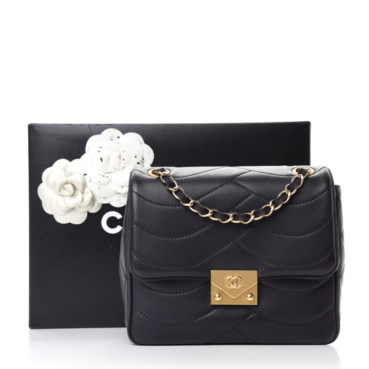Chanel Lambskin Scallop Quilted Mini Pagoda Square Flap Black 11 of 11