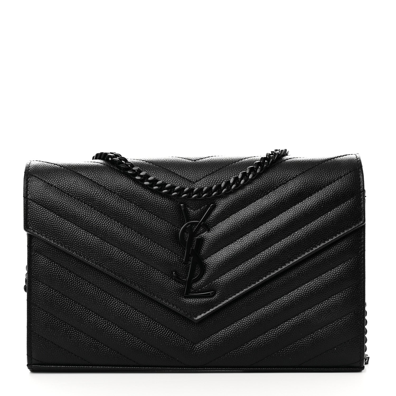 Saint Laurent Grain De Poudre Matelasse Chevron Monogram Monochrome Chain Wallet Black 1 of 10