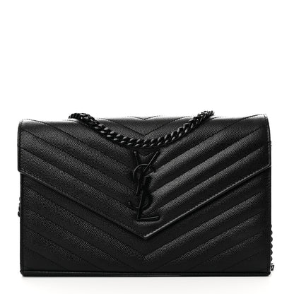 Saint Laurent Grain De Poudre Matelasse Chevron Monogram Monochrome Chain Wallet Black 1 of 10
