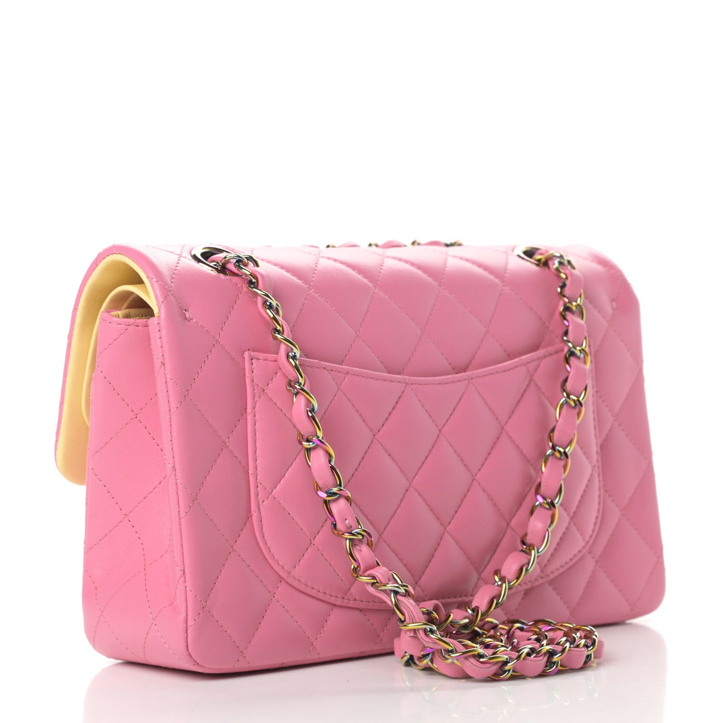 Lambskin Quilted Small Double Flap Pink Yellow