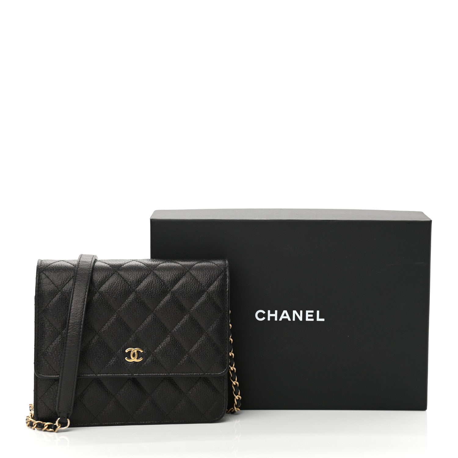 Chanel Letter Calfskin Embossed Quilted Square Wallet On Chain WOC Black 24 of 27