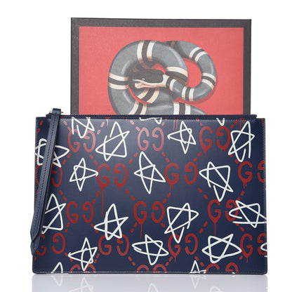 Gucci Calfskin GucciGhost Print Pouch Blue Agata Hibiscus Red 9 of 9
