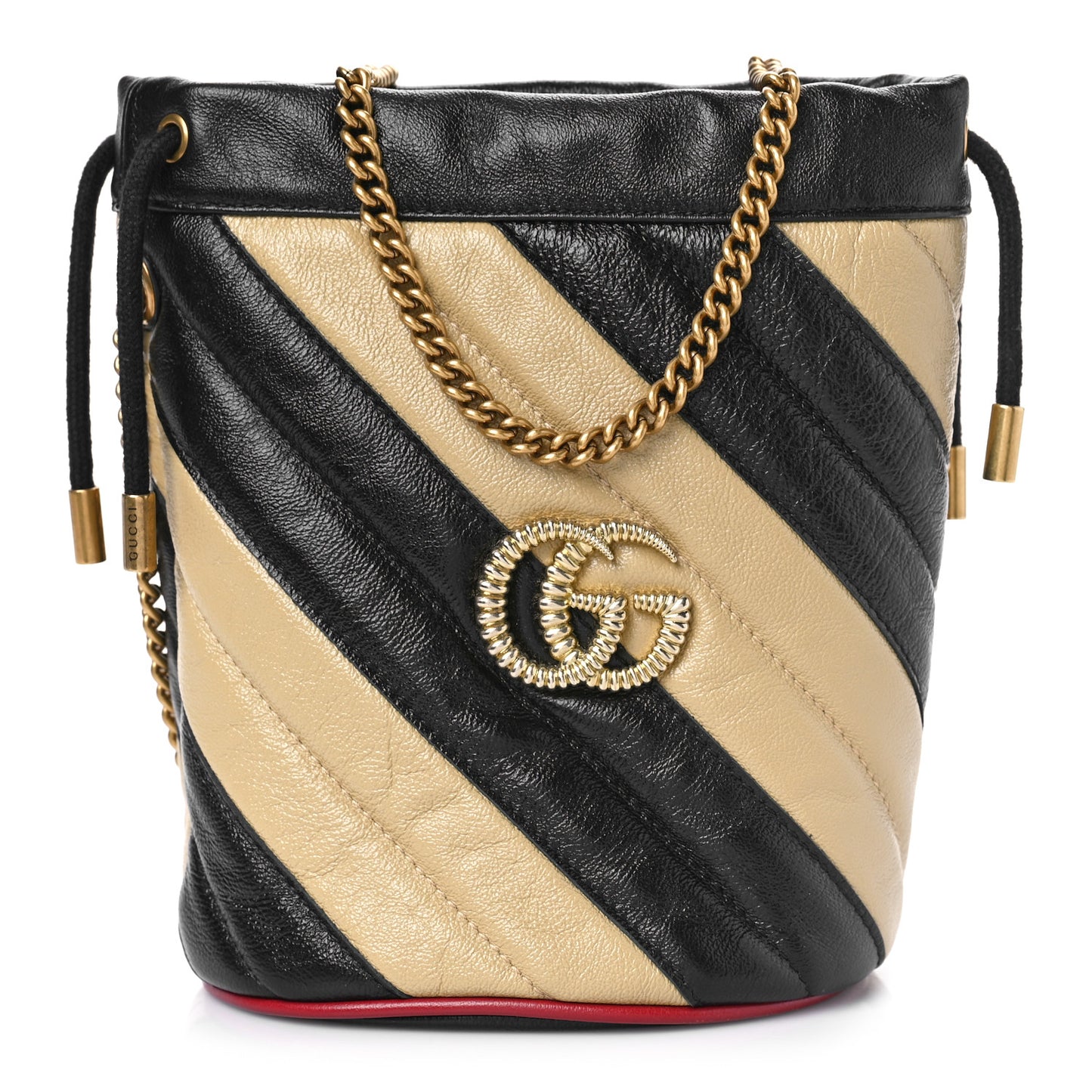 Azalea Calfskin Matelasse Diagonal Patchwork Mini Torchon GG Marmont 2.0 Bucket Bag Black Beige Romantic Cerise