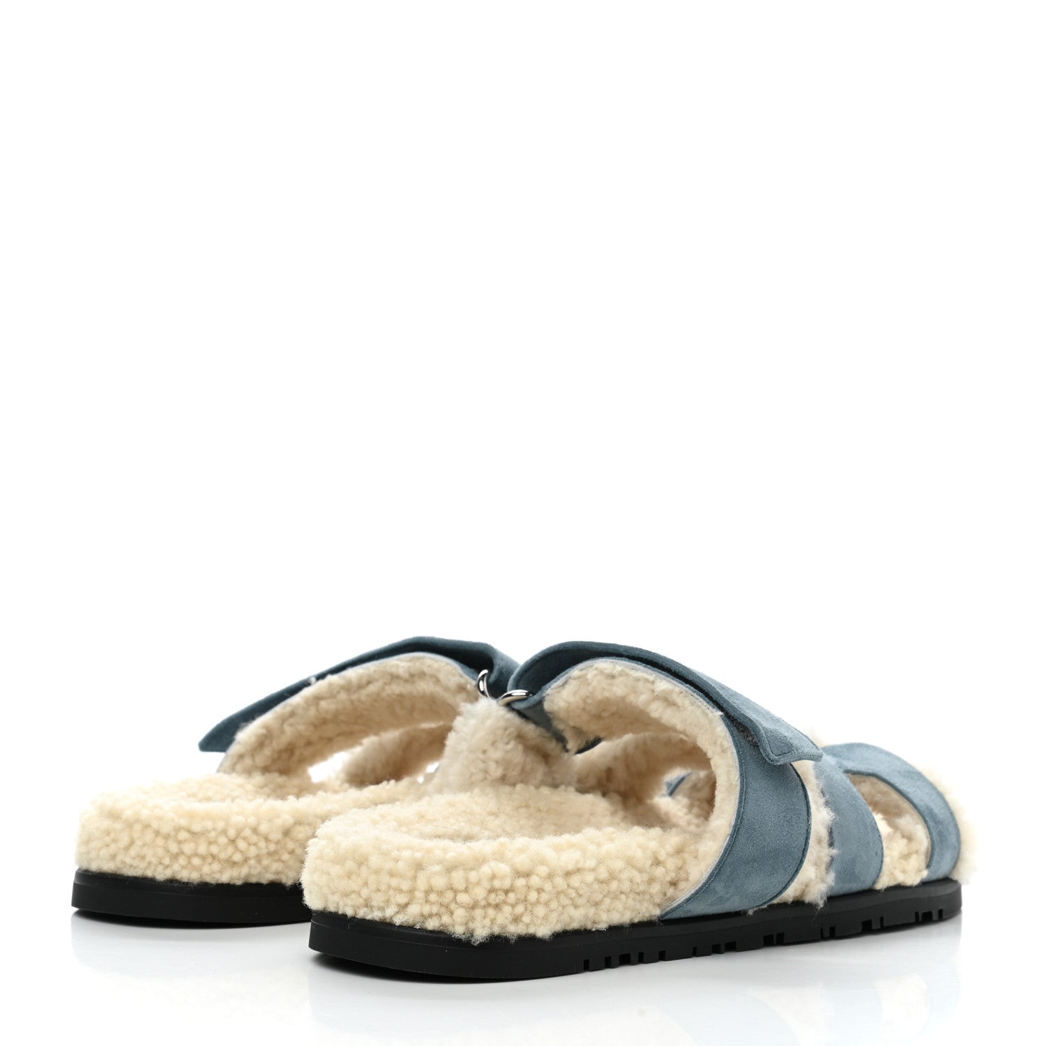 Hermes Suede Goatskin Woolskin Womens Chypre Sandals 37.5 Bleu Pinede Ecru 4 of 8